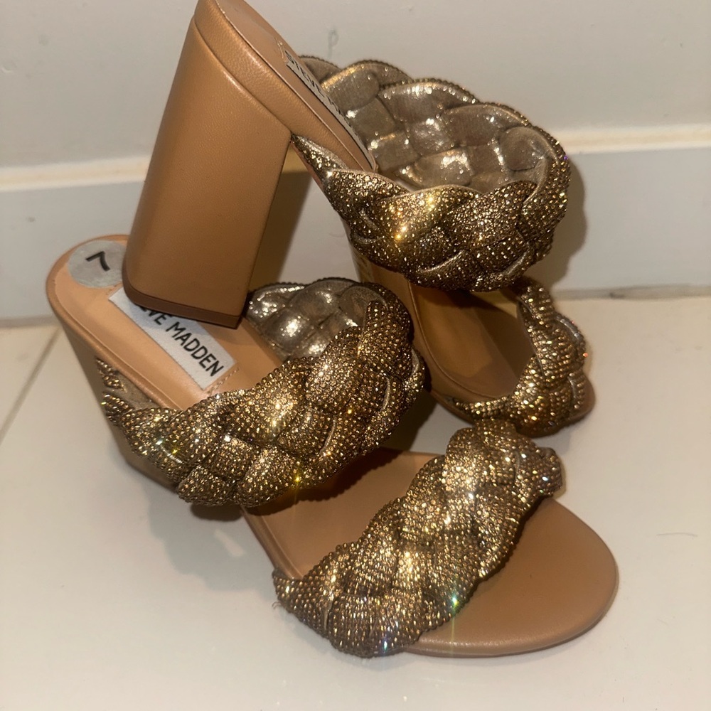Steve Madden Gold Braided Women nider block Heels rhinestone open toe embellish